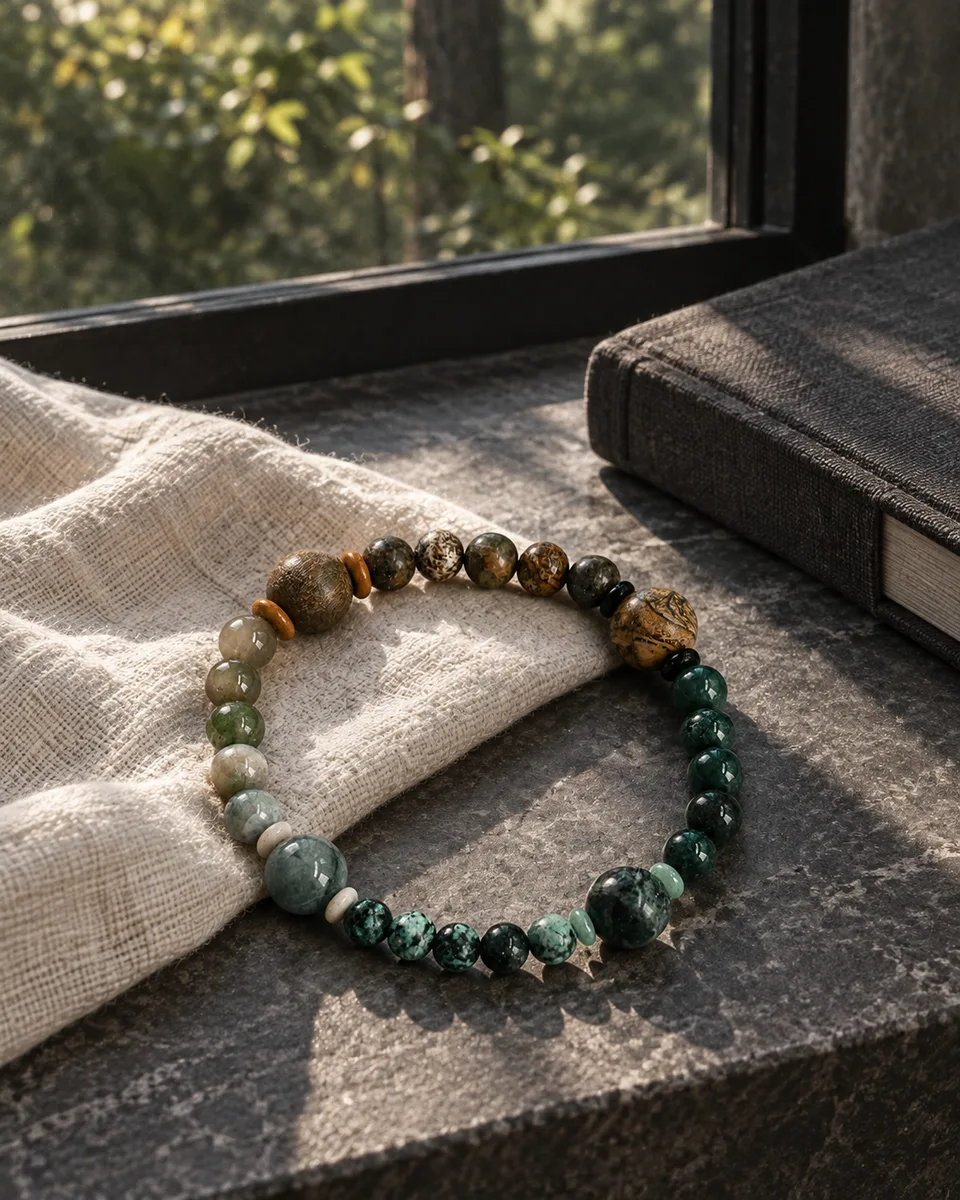 Feltbreath Root Moss bracelet in a tactile editorial still life
