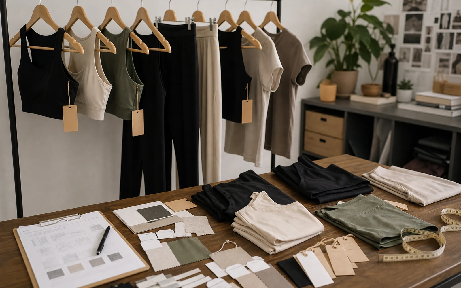 Private-label activewear samples on a rack with packaging and fabric notes