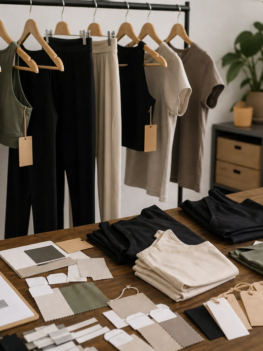 Private-label activewear samples on a rack with packaging and fabric notes