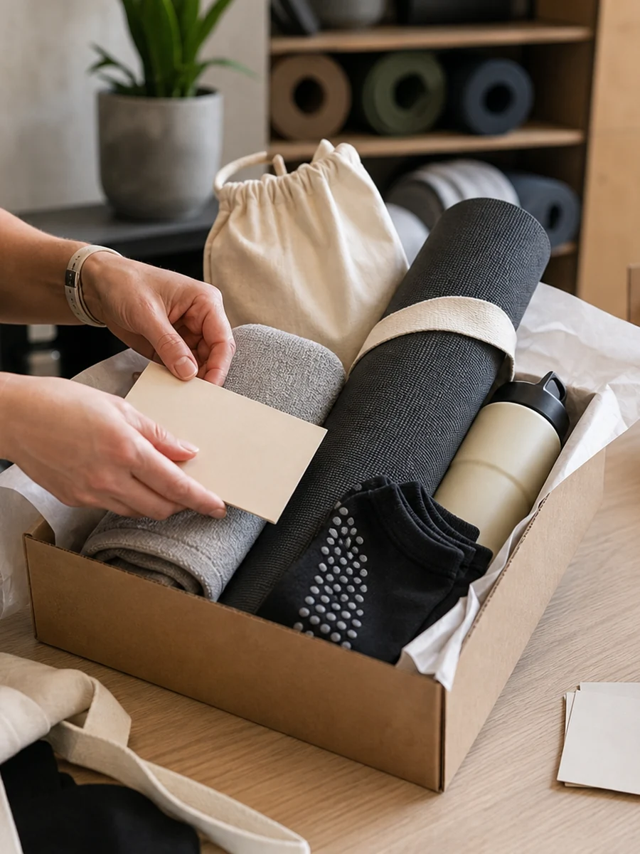 Member essentials kit being packed with socks, pouch, bottle and studio goods