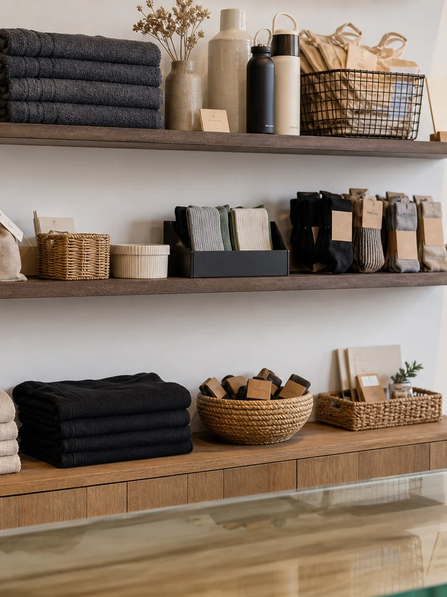 Pilates studio retail shelf with socks, towels, pouches and wellness essentials