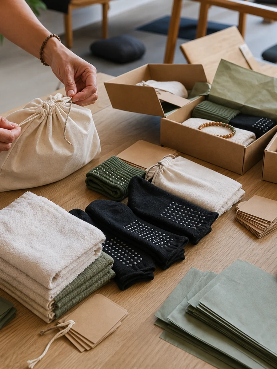 Retreat welcome kits being assembled with towels, pouches and gift packaging