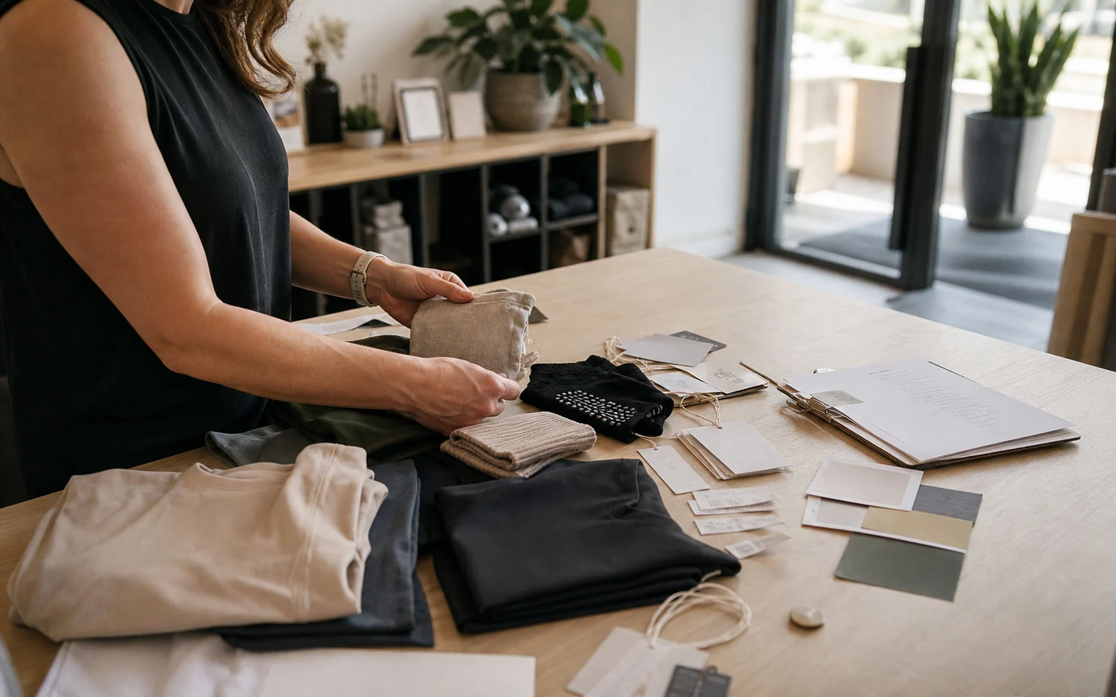 Studio owner preparing private-label product samples, packaging and launch materials on a worktable