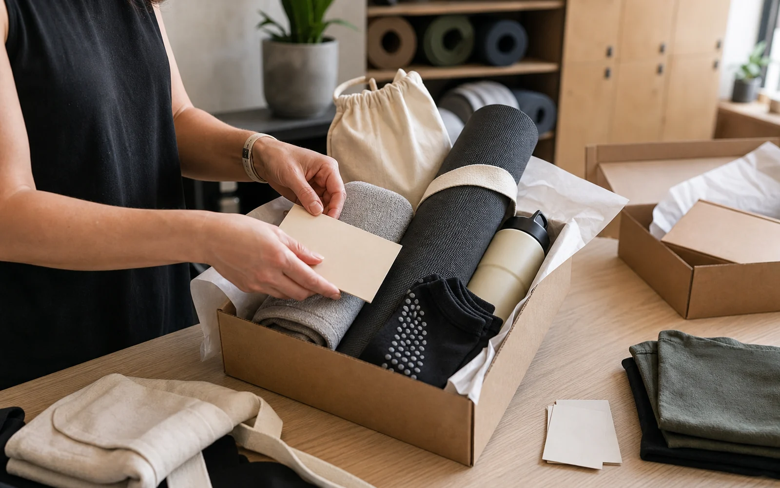 Member essentials kit being packed with socks, pouch, bottle and studio goods