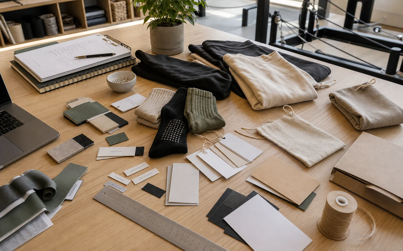 Product development worktable with samples, labels, packaging cards and studio goods