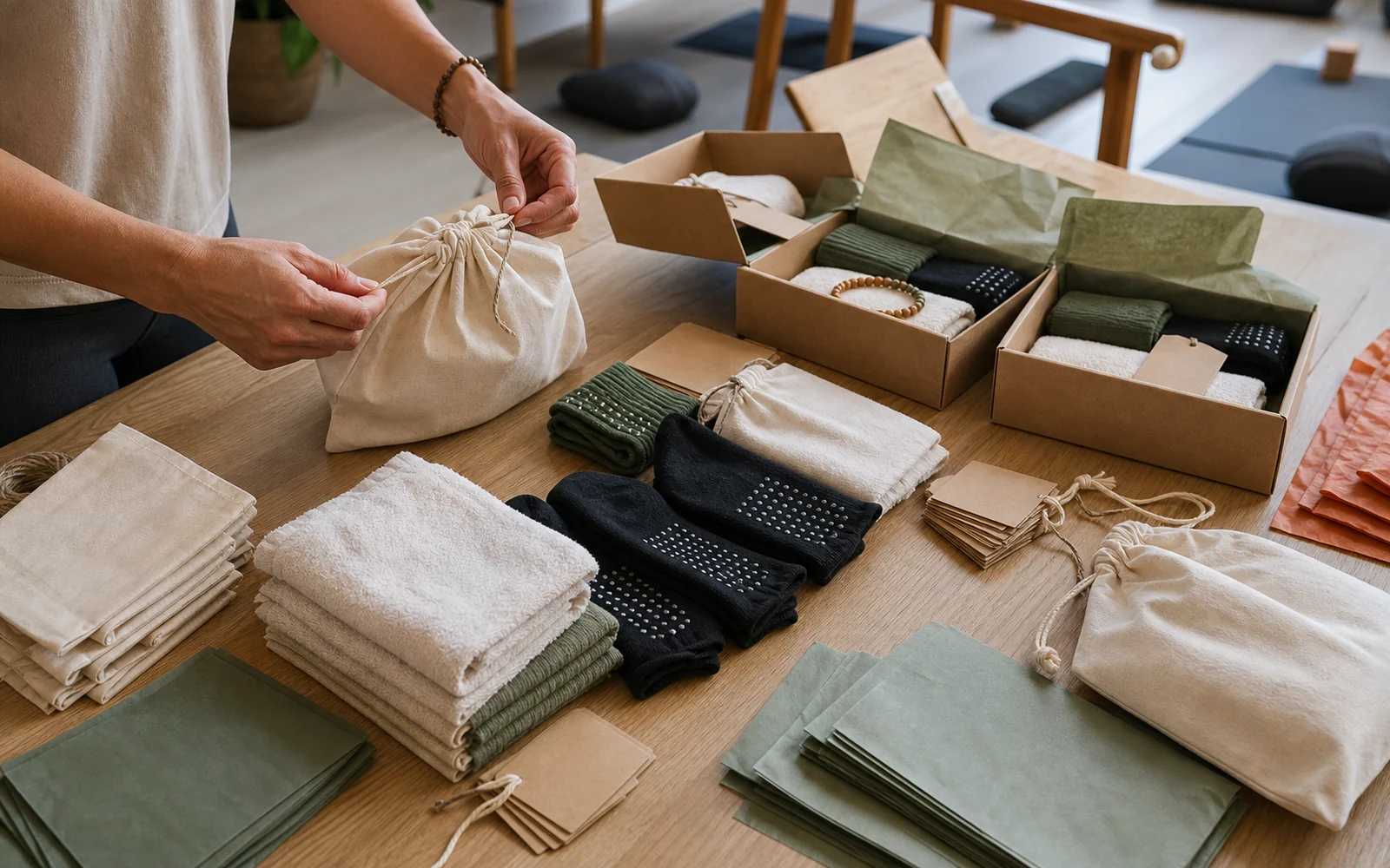Retreat welcome kits being assembled with towels, pouches and gift packaging